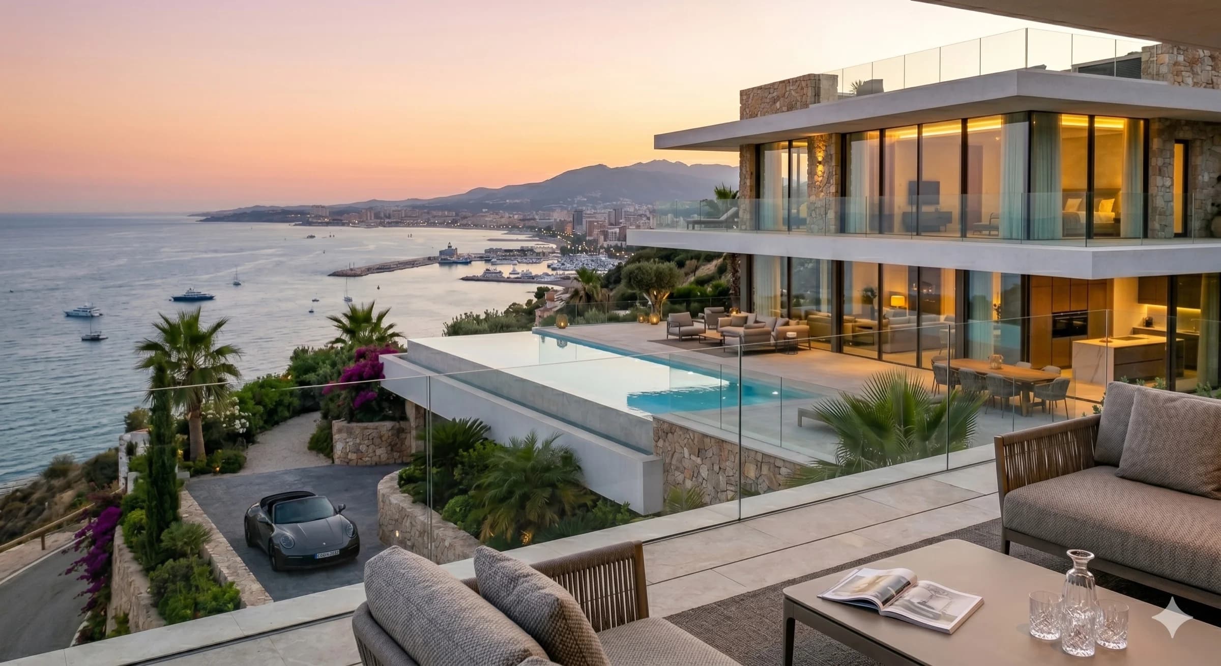 Terraza de una villa sobre la bahía de Fuengirola con piscina desbordante al atardecer