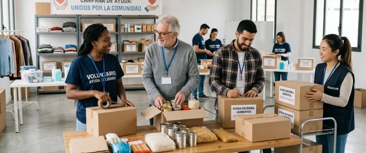 Voluntarios preparando lotes de alimentos en una campaña de ayuda