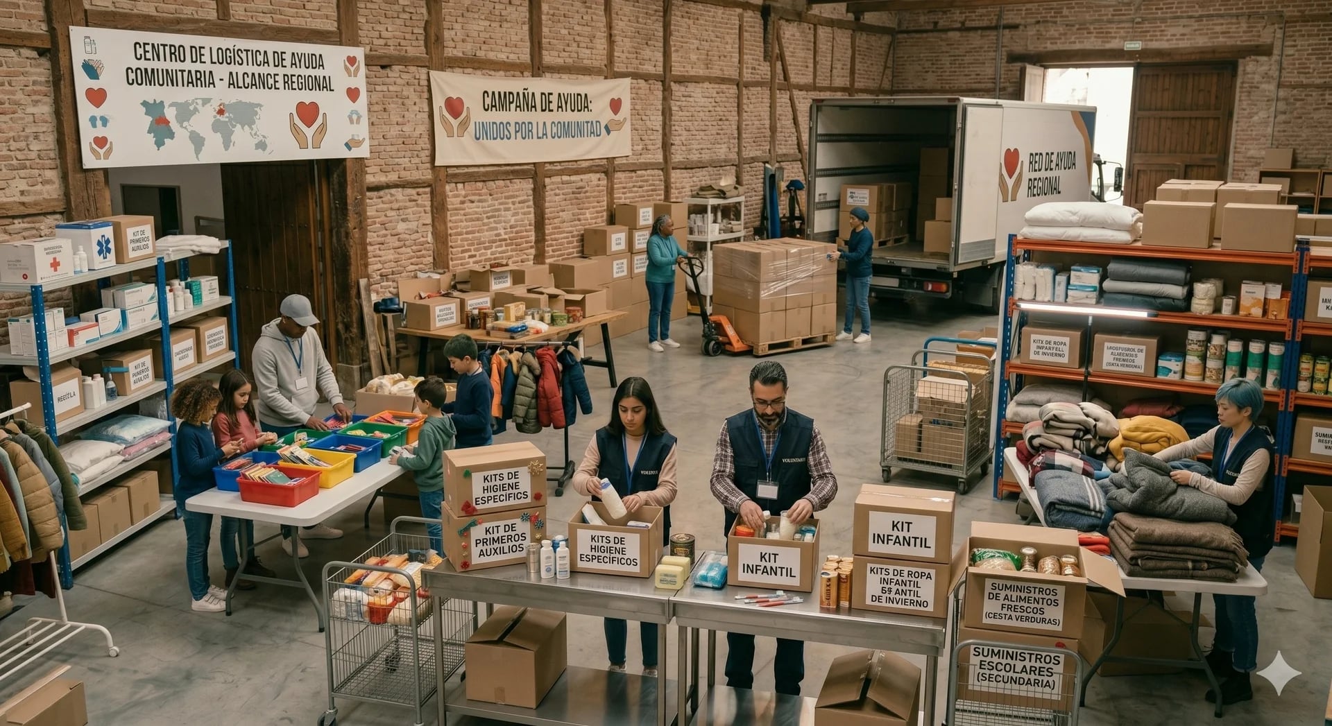 Centro logístico de ayuda comunitaria con voluntarios clasificando donaciones