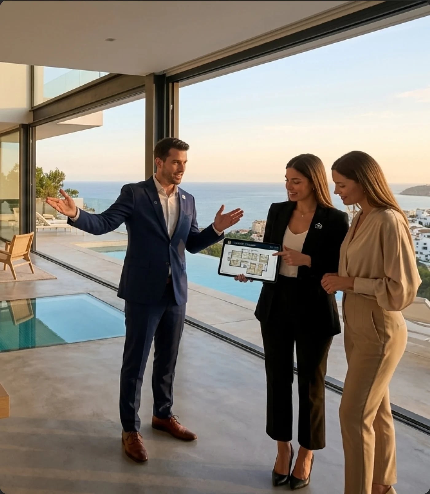 Tres personas revisando un plano en una vivienda con vistas al mar