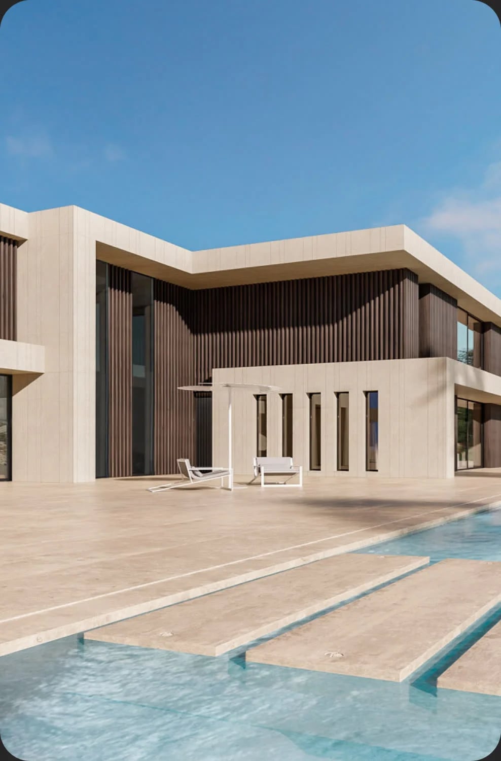 Villa contemporánea de piedra clara con piscina desbordante