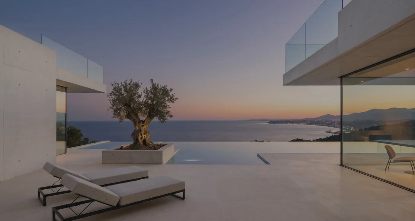 Terraza con tumbonas, olivo y vistas al mar al atardecer